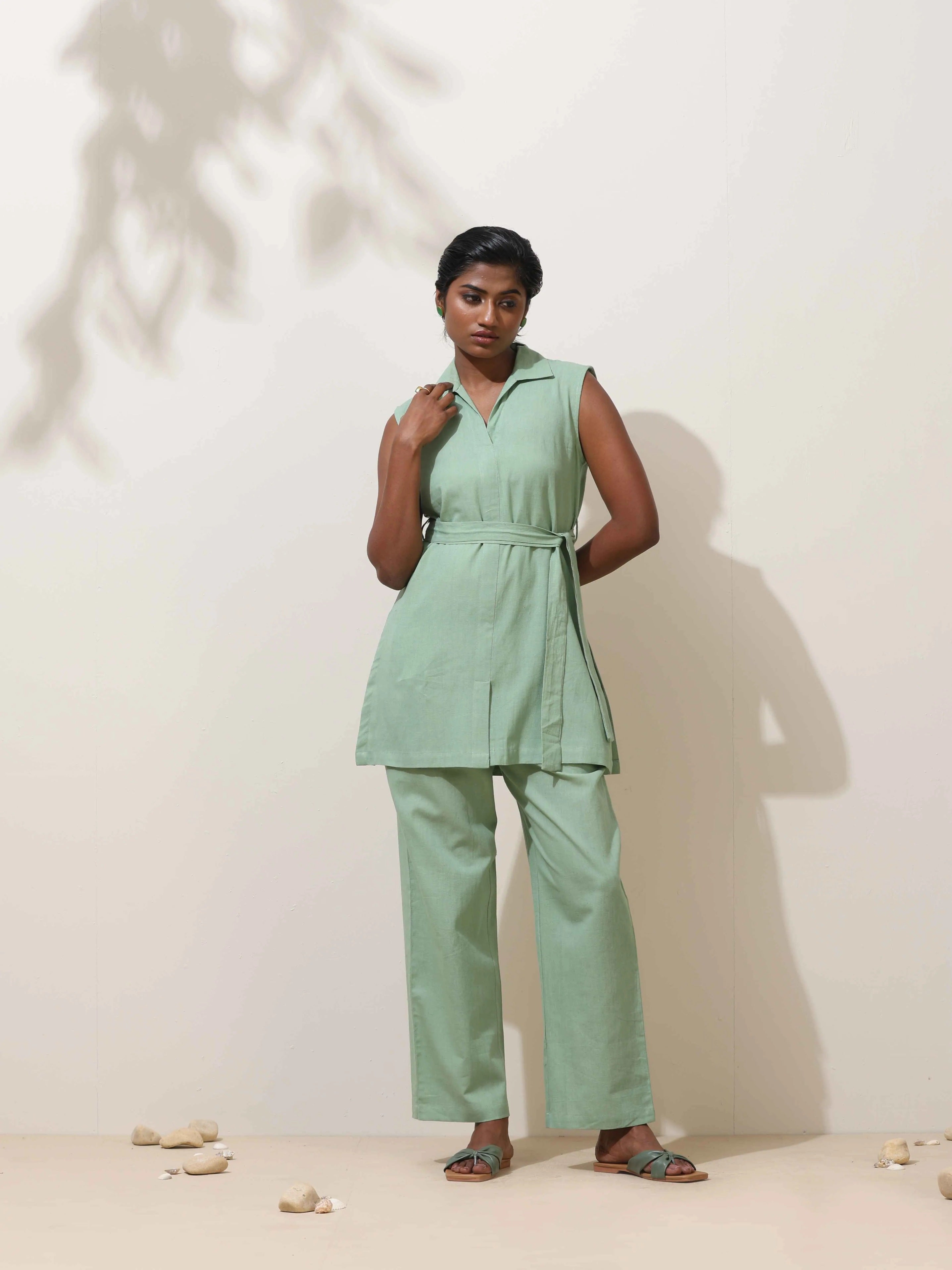 trueBrowns Mint Green Cotton Linen Co-Ord Set | Grocsy
