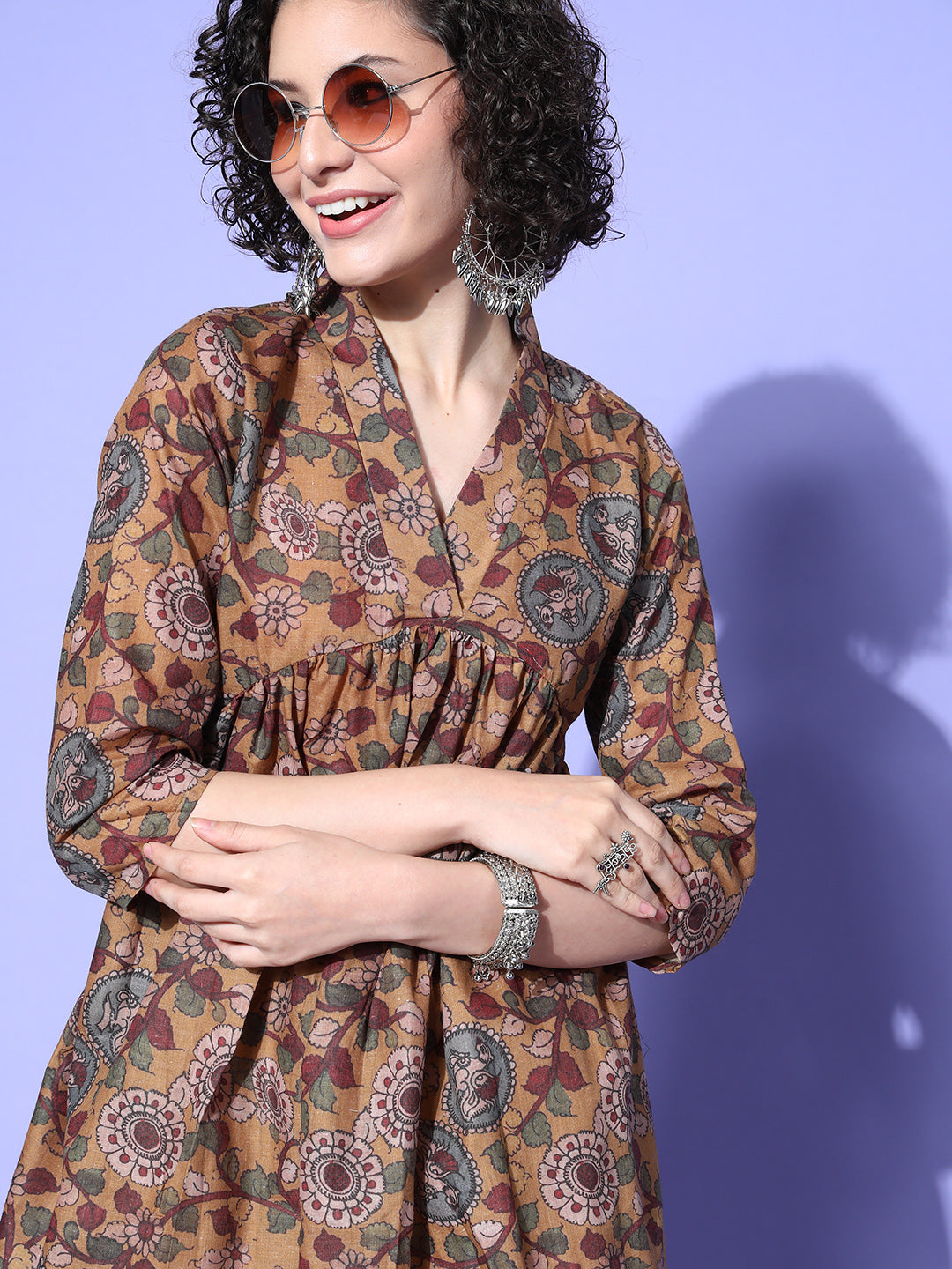 InWeave Women's Ochre Mustard Kalamkari Print Dress | Grocsy