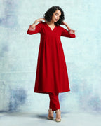 trueBrowns True Red Velvet Yoke Kurta | Grocsy