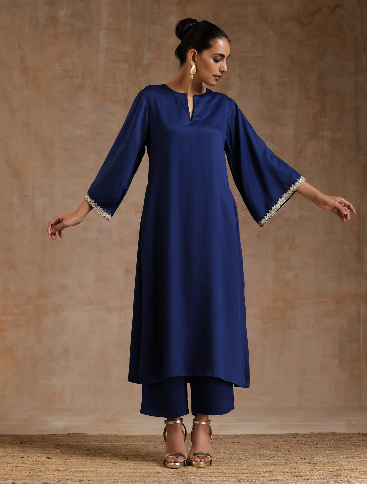 trueBrowns Midnight Blue Modal Satin Relax Kurta Set | Grocsy