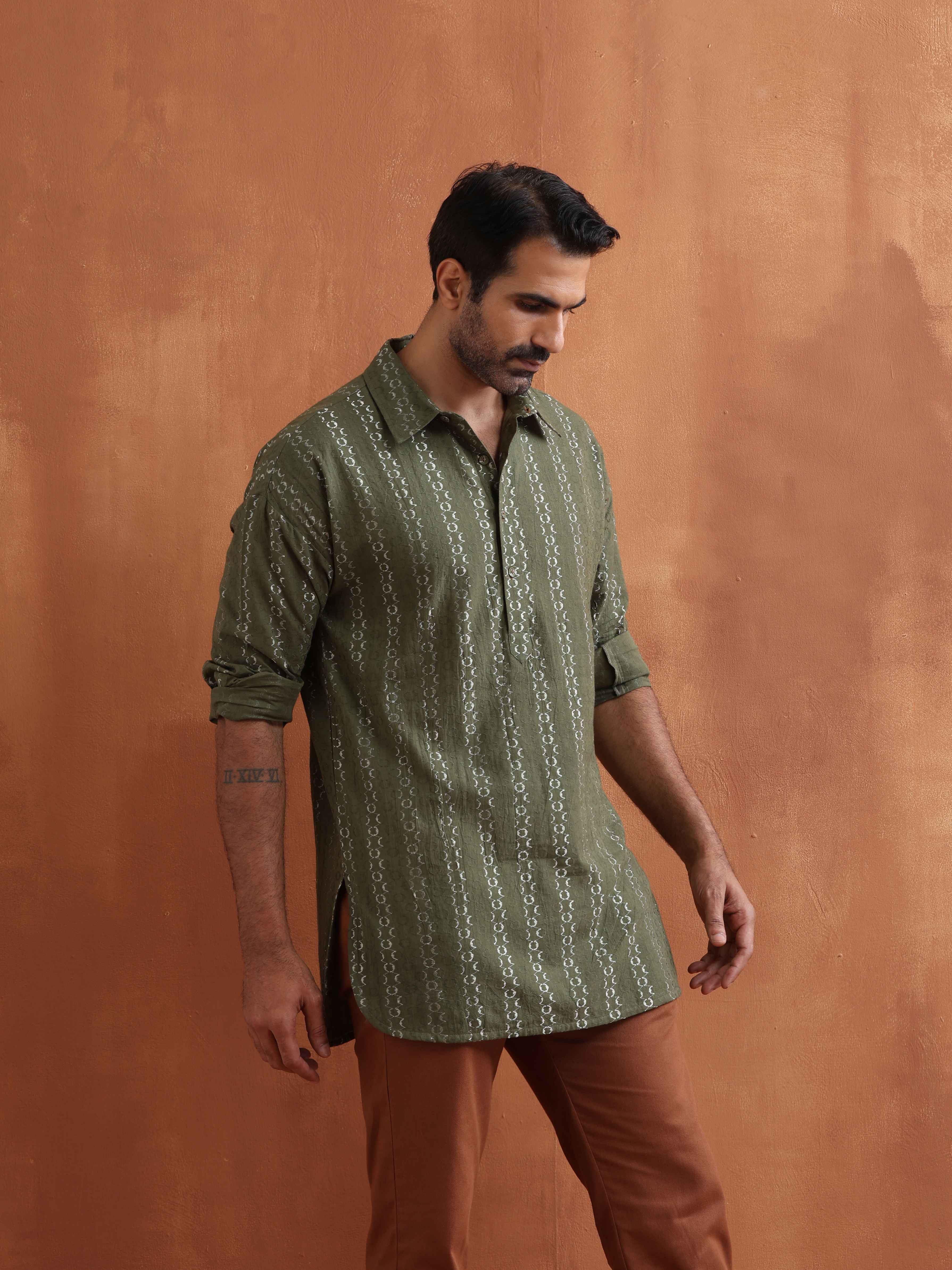 trueBrowns Men's Olive Green Cotton Dobby Short Kurta | Grocsy