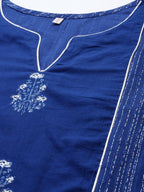 Ahalyaa Women Blue Floral Printed Pure Cotton Kurta with Trousers | Grocsy
