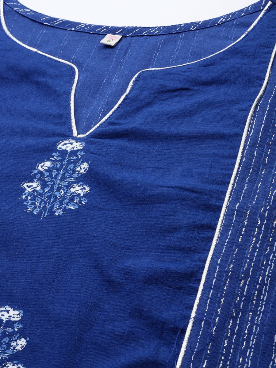 Ahalyaa Women Blue Floral Printed Pure Cotton Kurta with Trousers | Grocsy