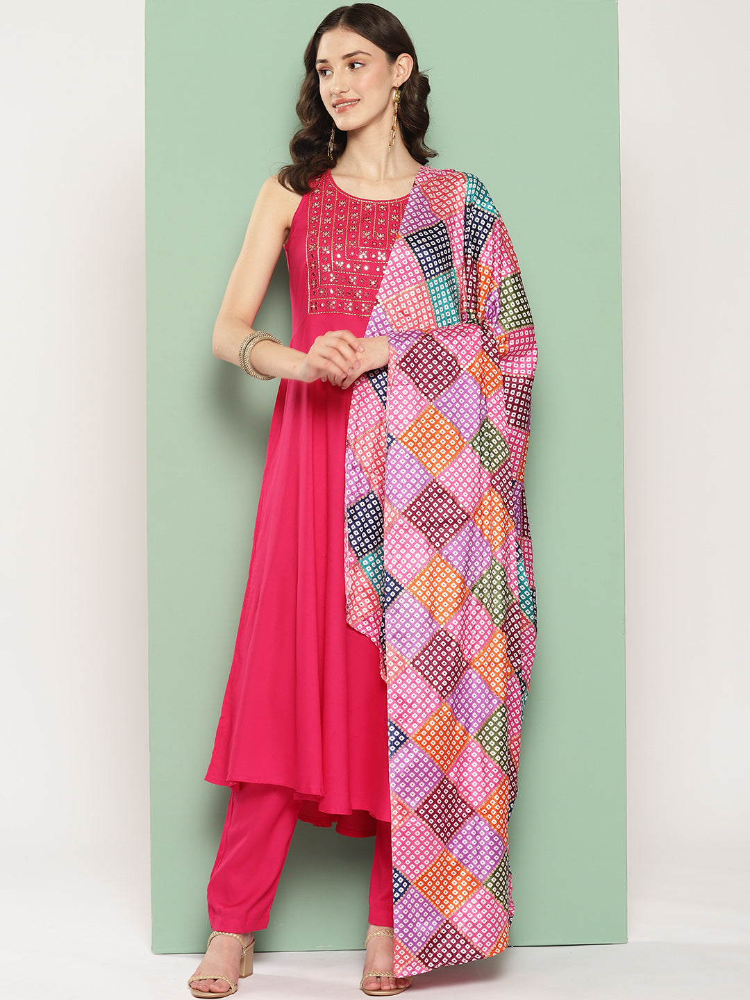 InWeave Women's Fuchsia Mirror Work Strappy Set W Square Bandhani Print Silk Dup | Grocsy