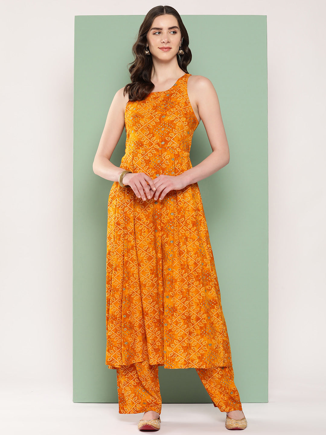 InWeave Women's Muatsrd Bandhej Print Raisa Back Detial Long Coords Set | Grocsy
