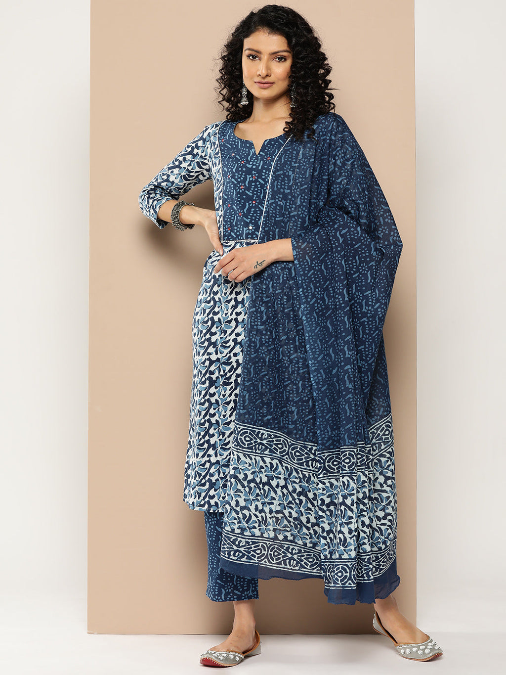 KSUT (House of Varanga) Blue And White Cotton Printed Yoke Design Kurta Paired With Printed Dupatta And Trouser | Grocsy