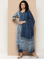 KSUT (House of Varanga) Blue And White Cotton Printed Yoke Design Kurta Paired With Printed Dupatta And Trouser | Grocsy