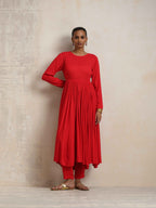 trueBrowns Red Crinkle Anarkali Kurta Pant Dupatta Set | Grocsy