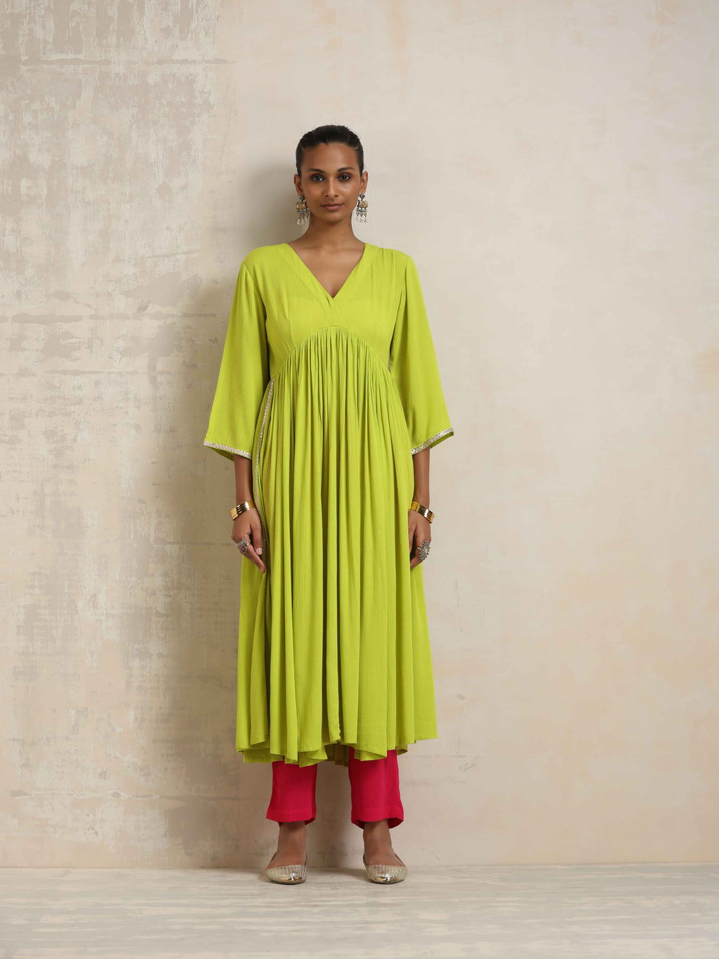 trueBrowns Lime Crinkle Anarkali Flared Kurta Set | Grocsy