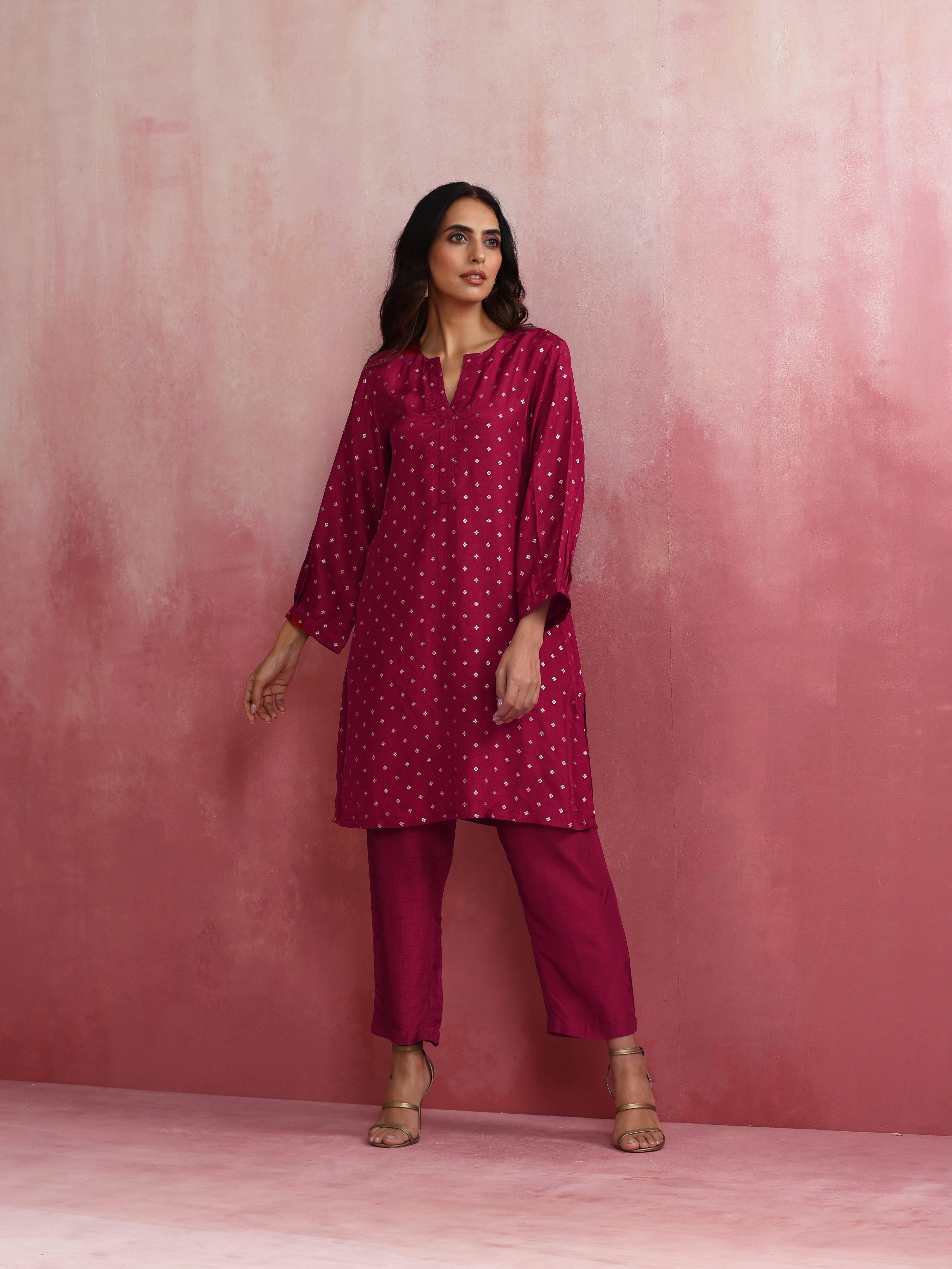 trueBrowns Pink Viscose Silk Kurta Co-ord Set | Grocsy