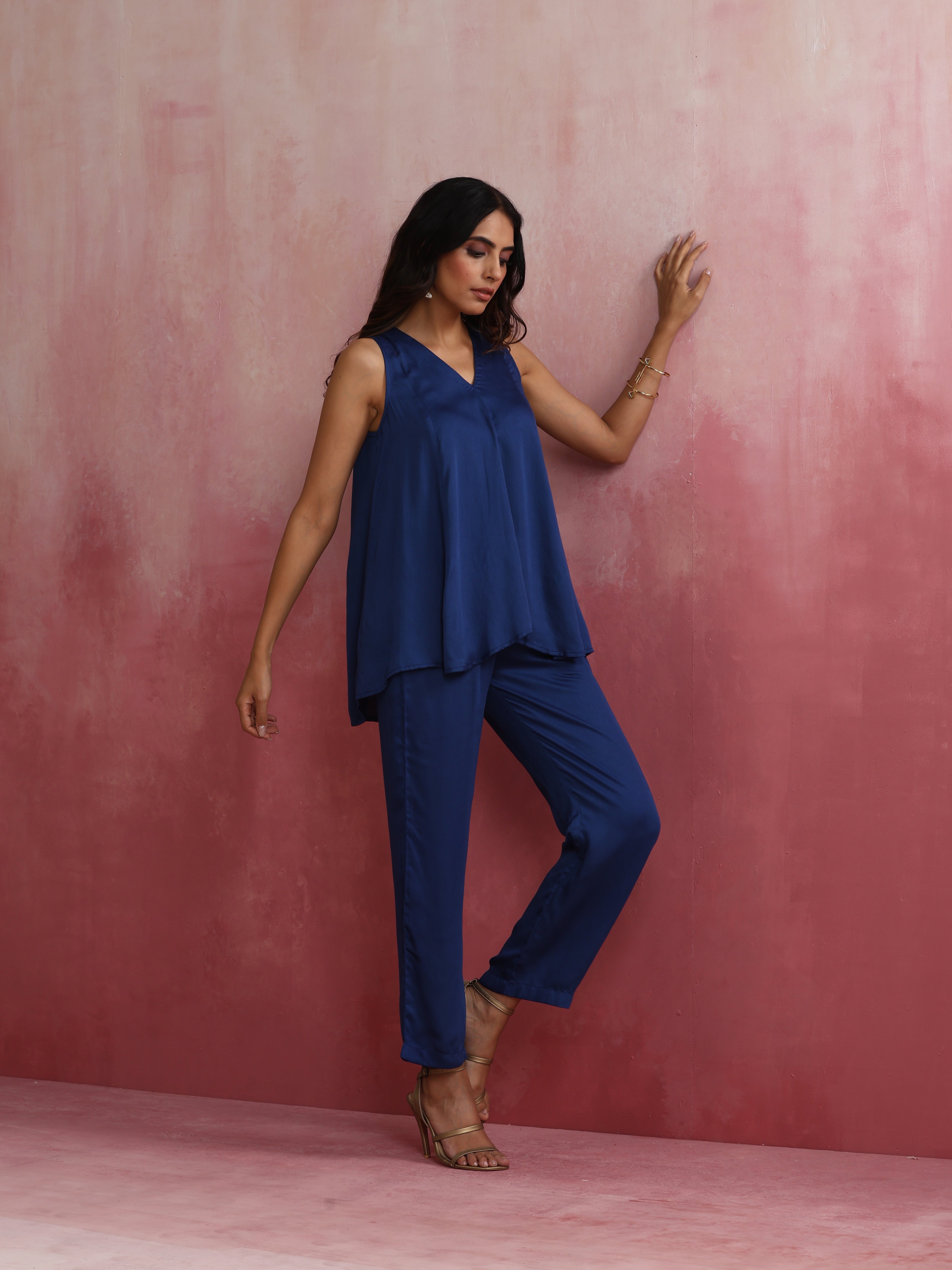trueBrowns Blue Modal Flared Kurta Co-ord Set | Grocsy
