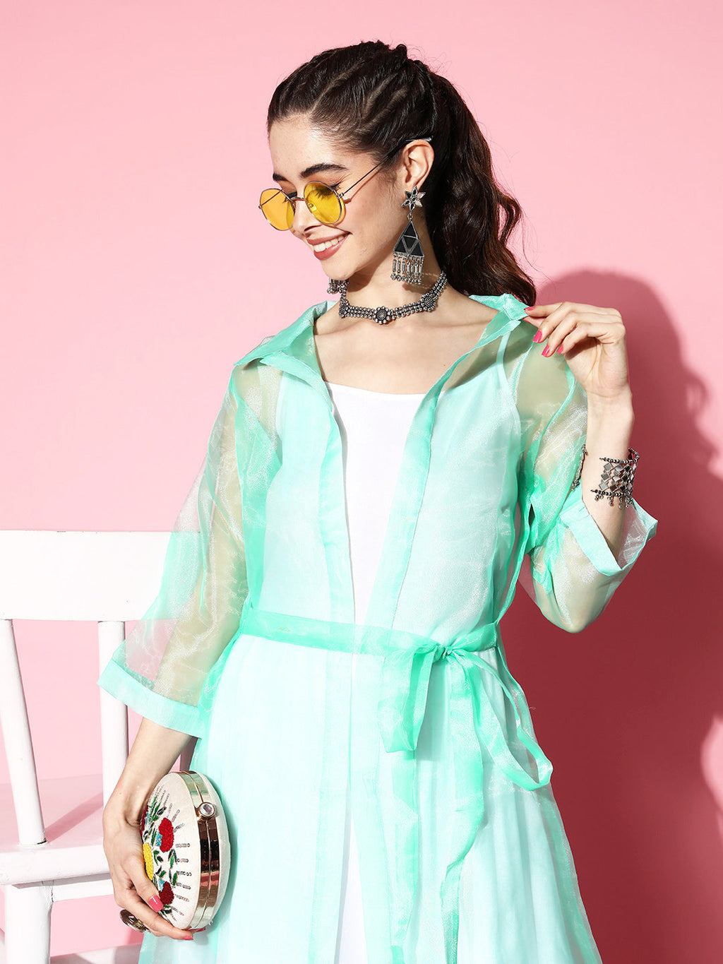 InWeave Women's Cream Strappy Kurta Set With Teal Organza Cape | Grocsy