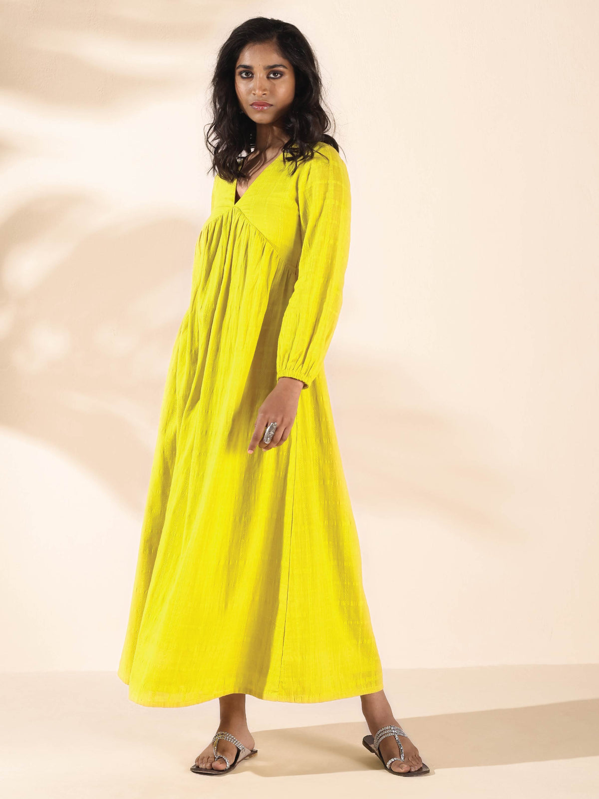 trueBrowns Lime Cotton Dobby Flared Dress | Grocsy