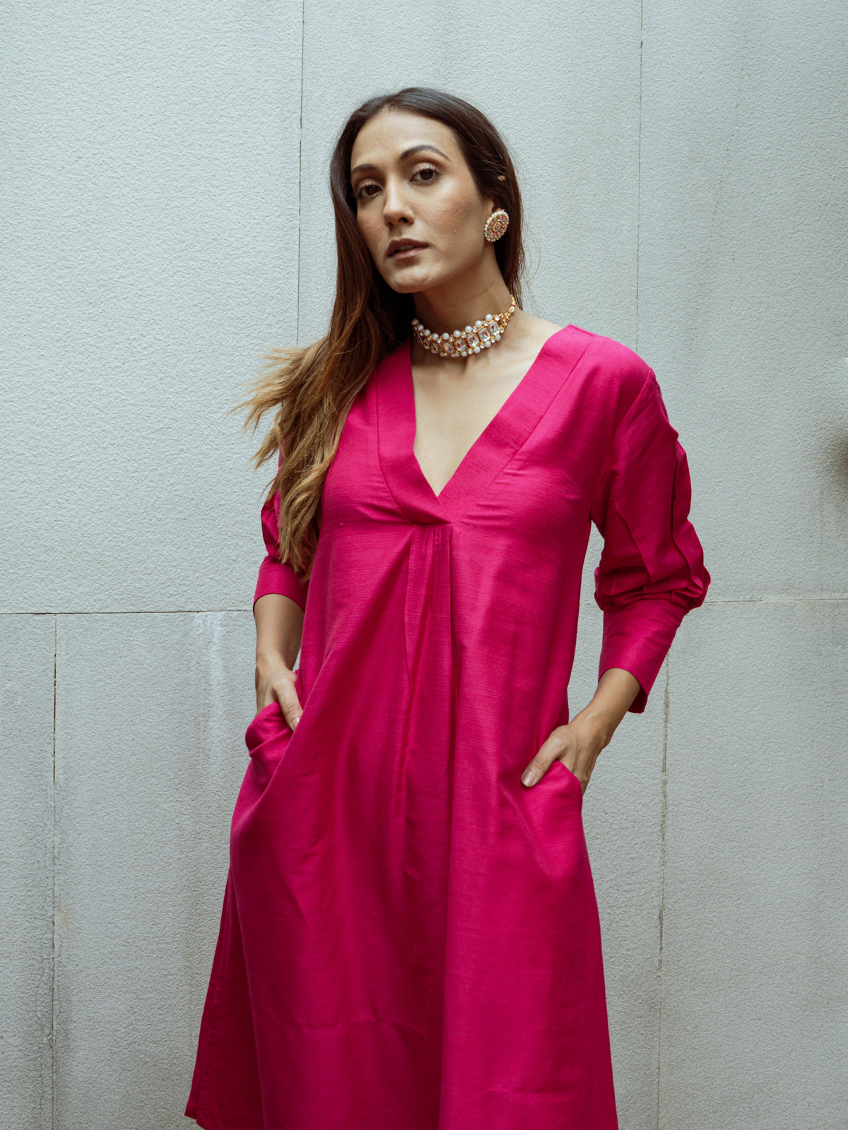 trueBrowns Pink Dupion Silk Puff Sleeve Kurta Pant Set | Grocsy