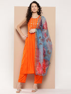 InWeave Women's Orange Mirror Work Aline Strappy Kurta Set Blue Fuchsia Or Dupatta | Grocsy