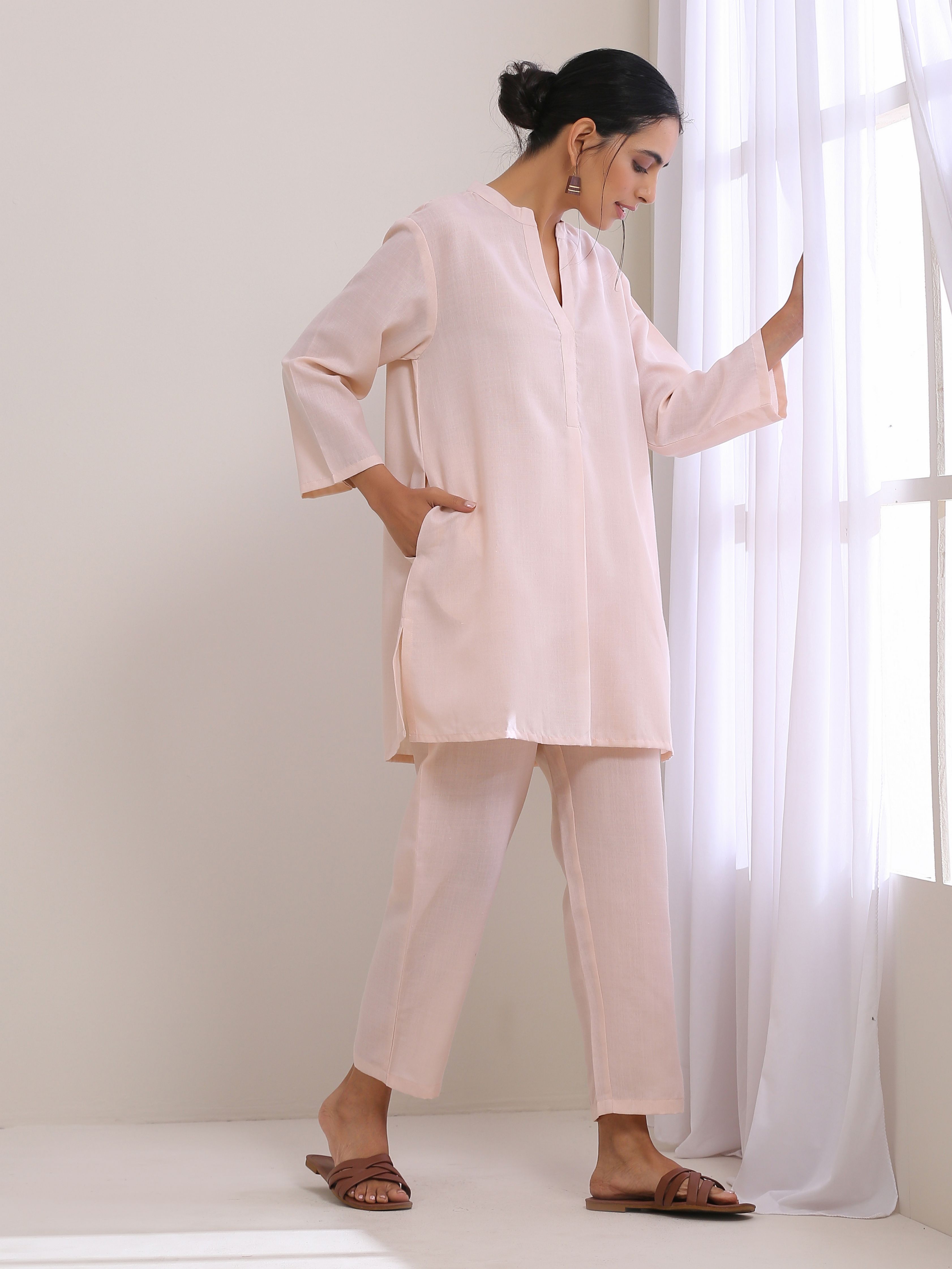 trueBrowns Pink Slub Relaxed Fit Co-Ord Set | Grocsy