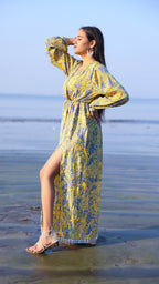 Noroke Vintage Crepe Yellow Vintage Printed Long Dress | Grocsy