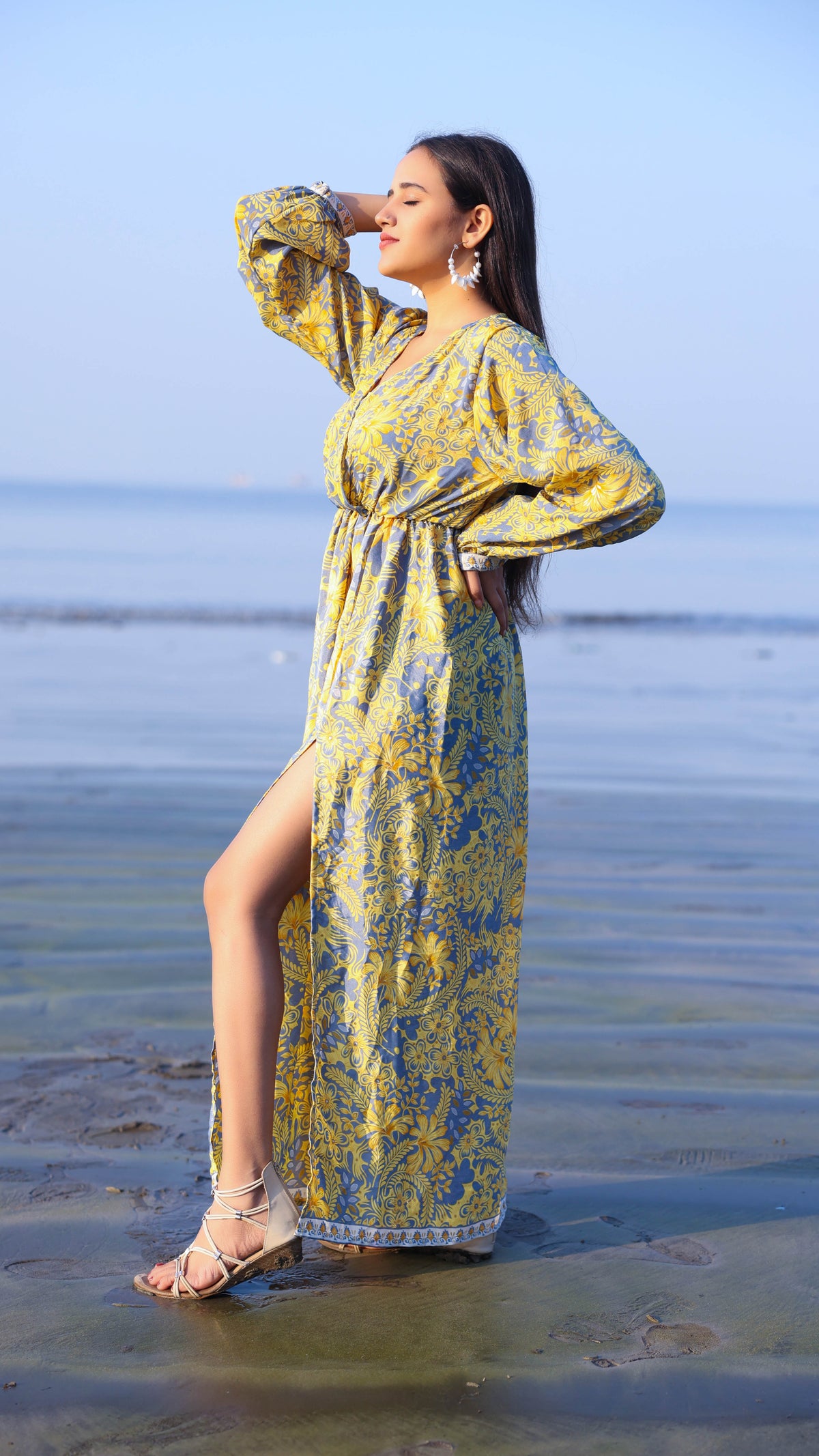 Noroke Vintage Crepe Yellow Vintage Printed Long Dress | Grocsy