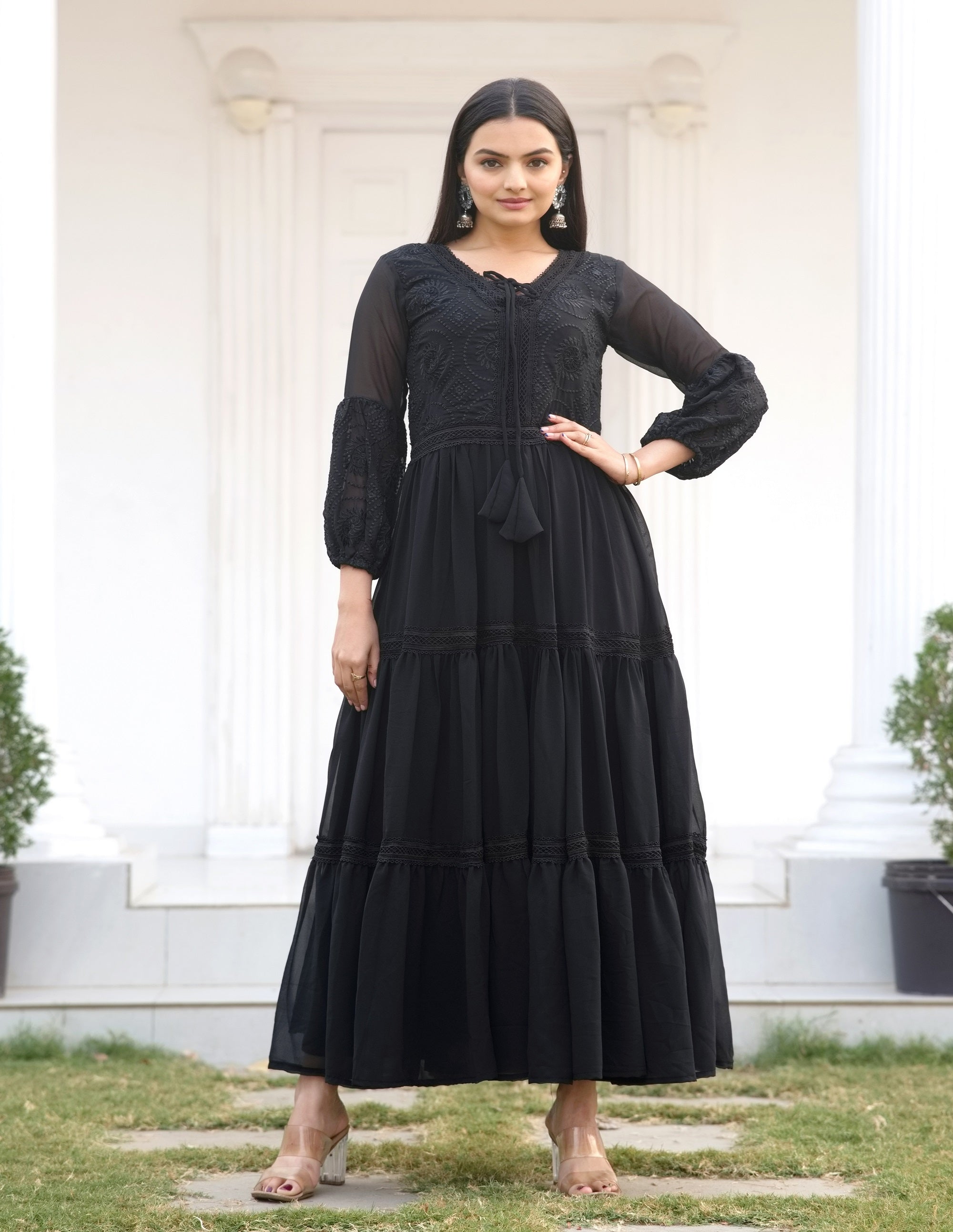 Teeya Creation Black Color Faux Georgette Silk Heavy Embroidery Work Fully Stitched Gown | Grocsy