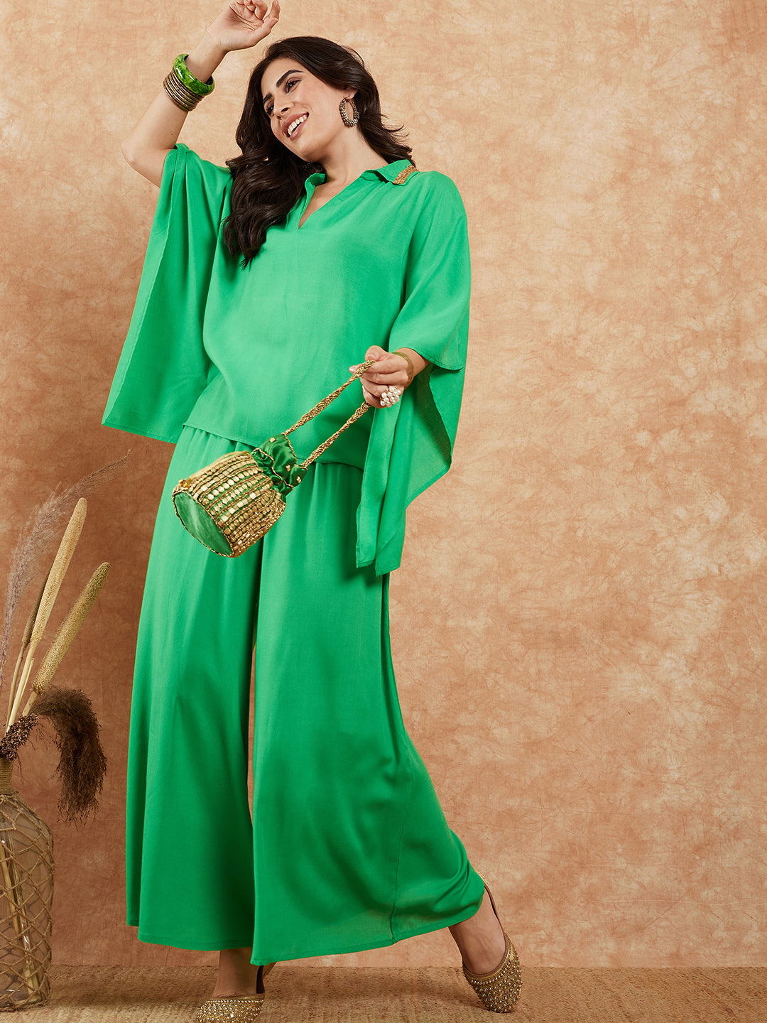 InWeave Women's Parrot Green Solid Collar Neck Boho Top Bottom Set | Grocsy