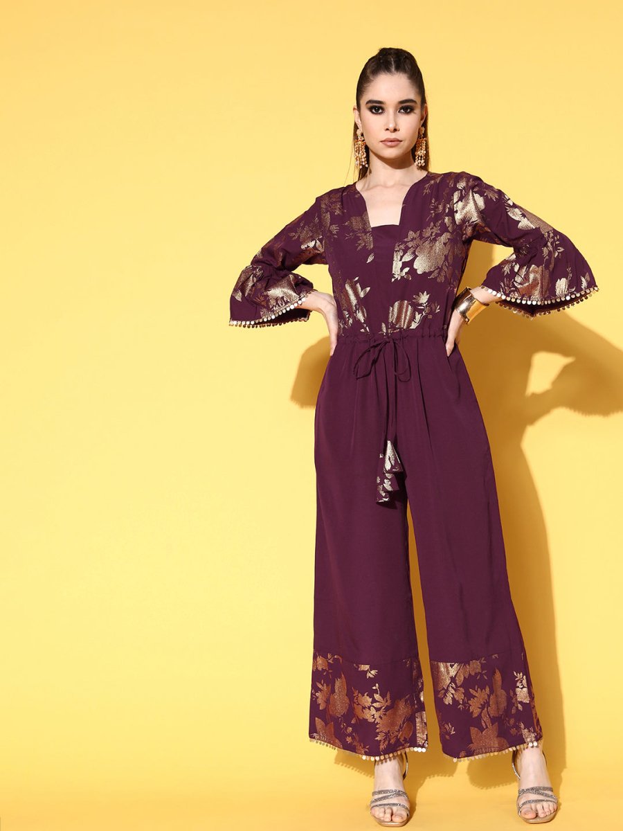 Ahalyaa Burgundy & Gold-Toned Bell Sleeves Printed Ethnic Jumpsuit With Waist Tie-Ups | Grocsy