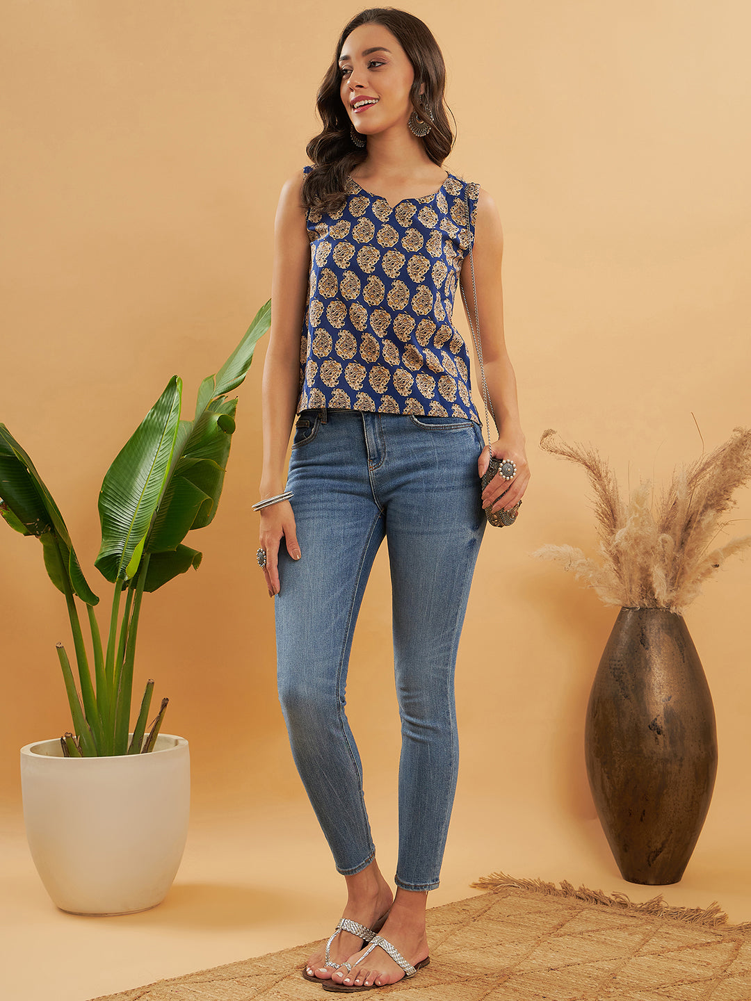 InWeave Ink Blue Small Paisley Kalamkari W/U Top | Grocsy