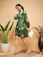 InWeave Women's Green Small Flower Belted Dress | Grocsy