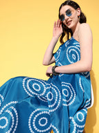 InWeave Women's Blue Bandhani Motif One Shoulder Palazzo Set | Grocsy