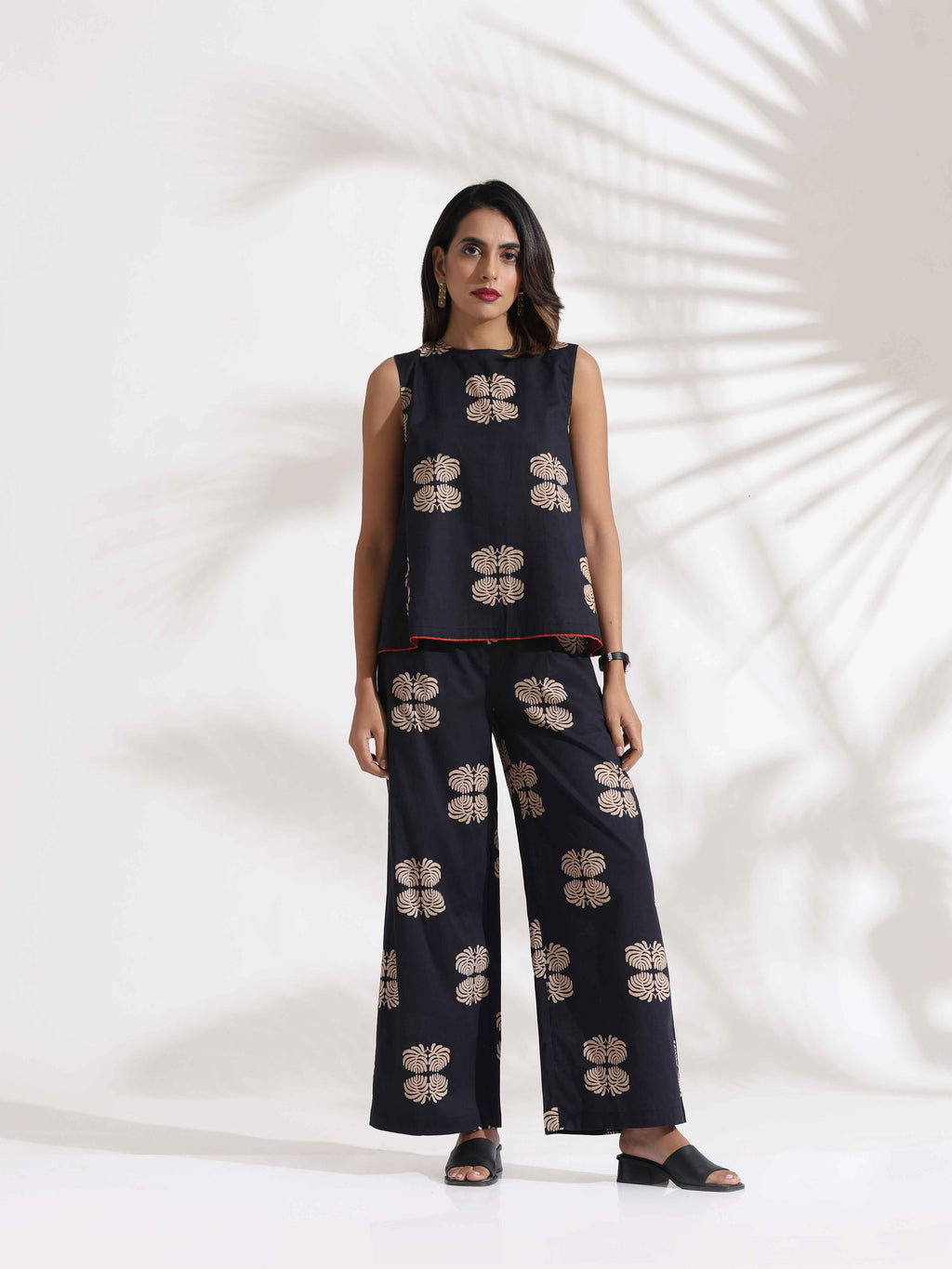trueBrowns Black Cotton Print Top & Flared Pants Co-ord Set | Grocsy