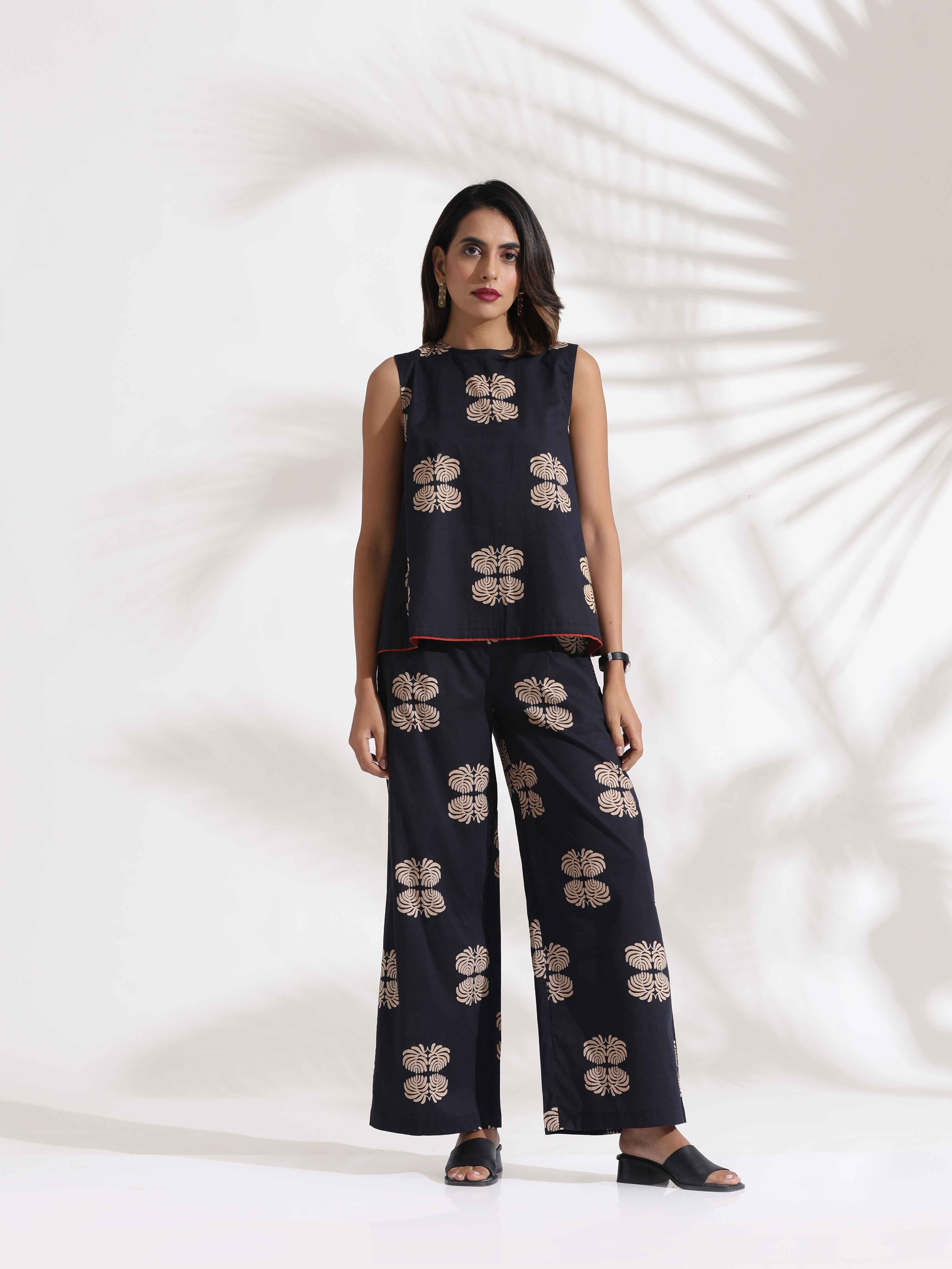 trueBrowns Black Cotton Print Top & Flared Pants Co-ord Set | Grocsy