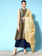 InWeave Women's Blue Banarasi Halter Kurta Set With Golden Dupatta | Grocsy