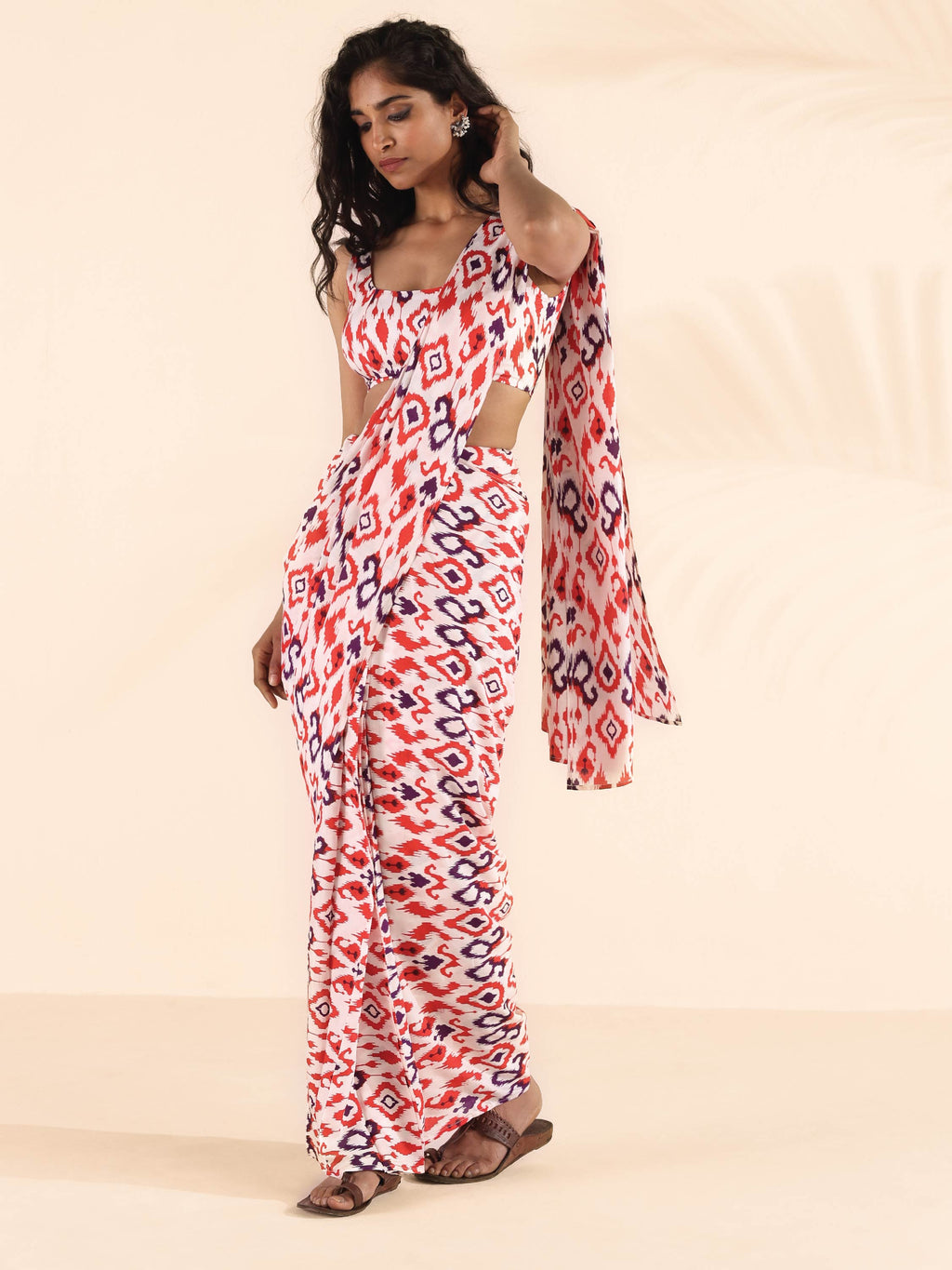 trueBrowns Carrot Muslin Ikat Ready to Wear Saree | Grocsy