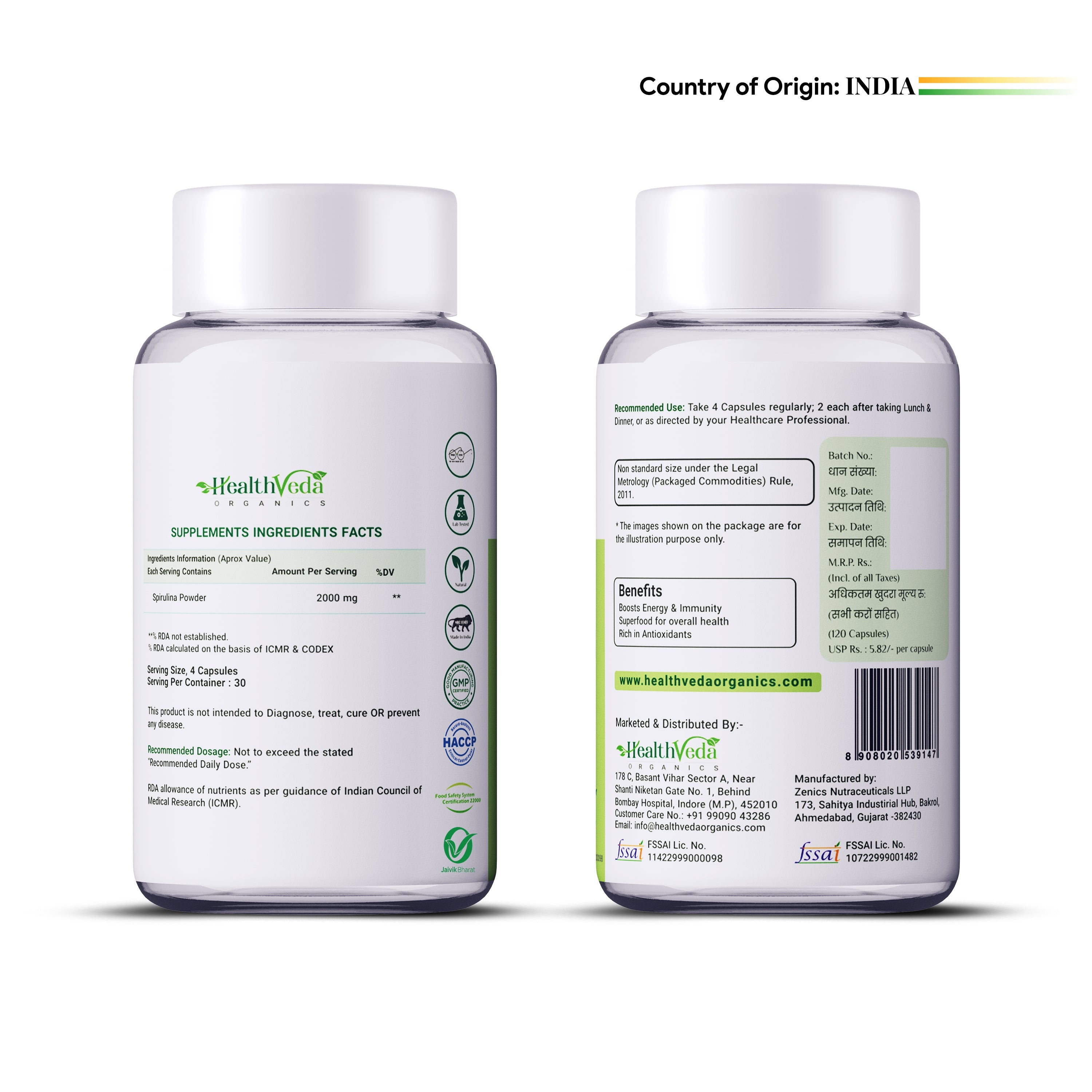 Health Veda Organics Spirulina Capsules | Grocsy