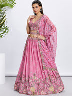 House of Panchhi Lime Green Chiffon Sequins And Thread Embroidery Lehenga Choli & Dupatta | Grocsy