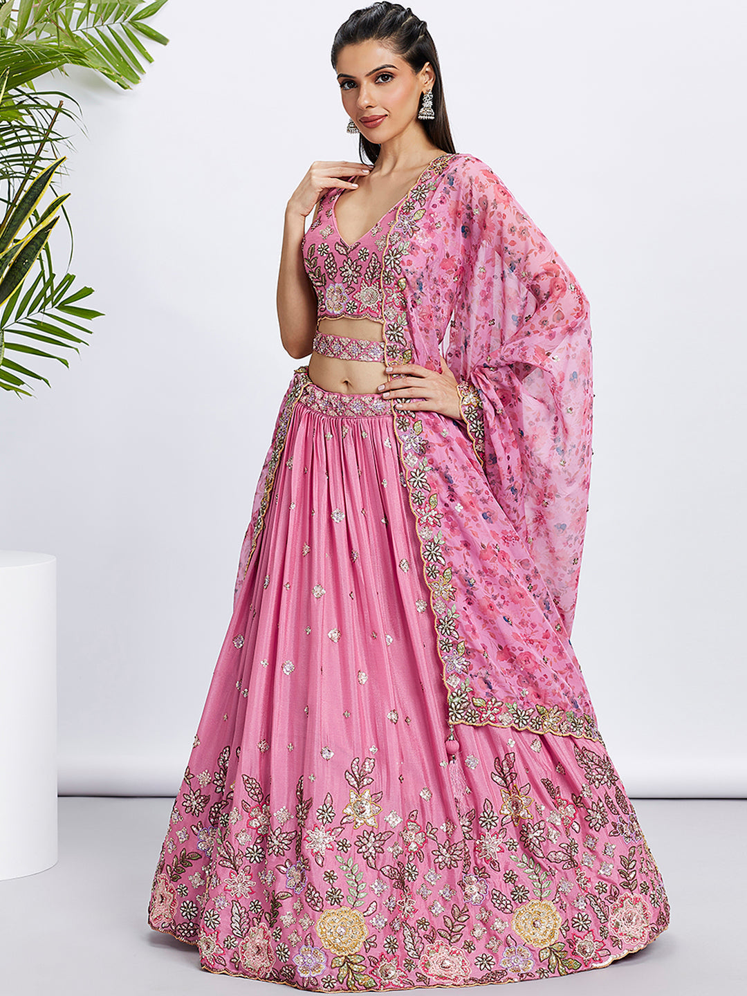 House of Panchhi Lime Green Chiffon Sequins And Thread Embroidery Lehenga Choli & Dupatta | Grocsy