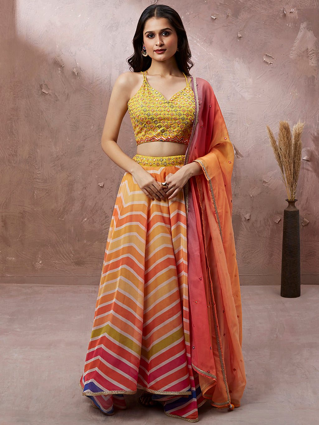 House of Panchhi Yellow Organza Leheriya Printed Lehenga Choli & Dupatta | Grocsy