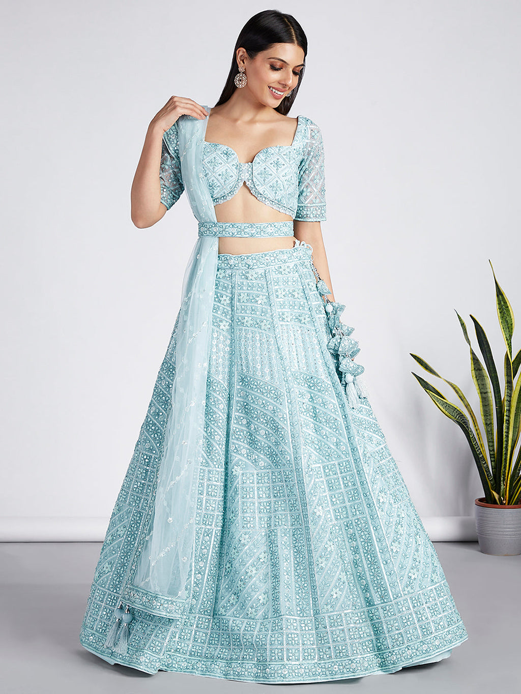 House of Panchhi Turquoise Blue Net Sequins, Zarkan And Thread Embroidery Lehenga Choli & Dupatta | Grocsy