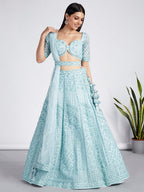 House of Panchhi Turquoise Blue Net Sequins, Zarkan And Thread Embroidery Lehenga Choli & Dupatta | Grocsy