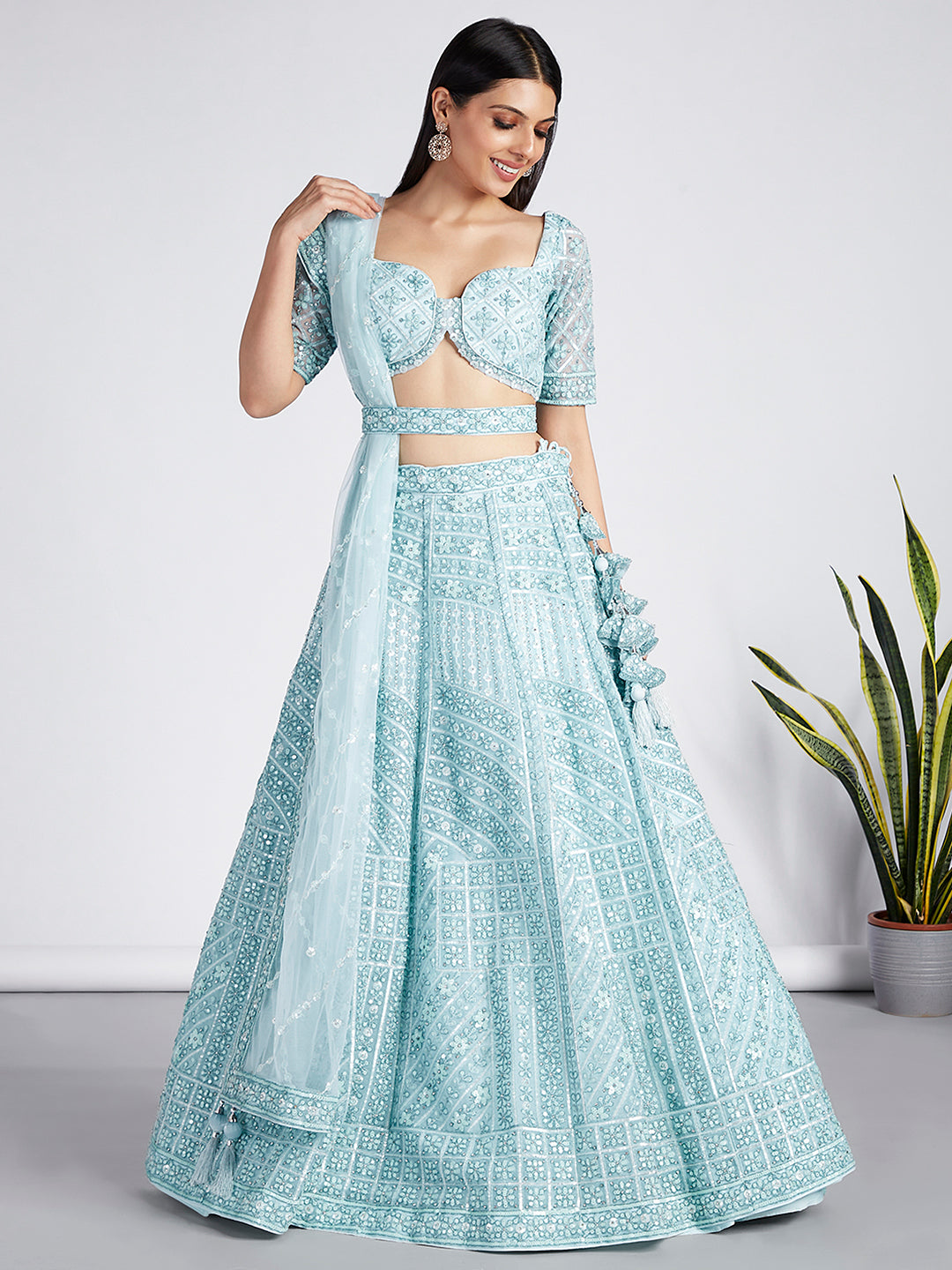 House of Panchhi Turquoise Blue Net Sequins, Zarkan And Thread Embroidery Lehenga Choli & Dupatta | Grocsy