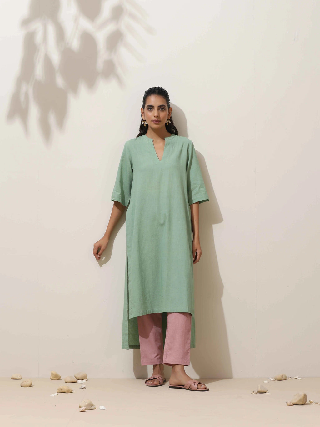 trueBrowns Mint Green Cotton Linen Kurta Pant Set | Grocsy