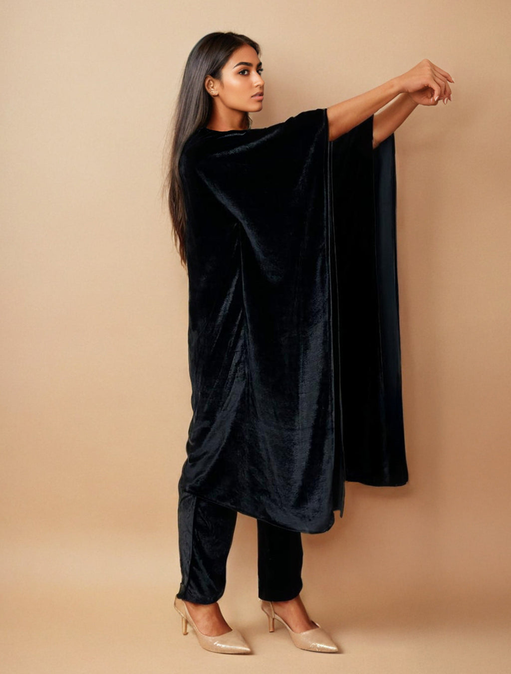 trueBrowns Black Velvet Embroidered Kaftan Kurta Set | Grocsy