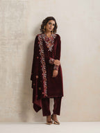 trueBrowns Maroon Velvet Floral Embroidered Kurta Pant Dupatta Set | Grocsy