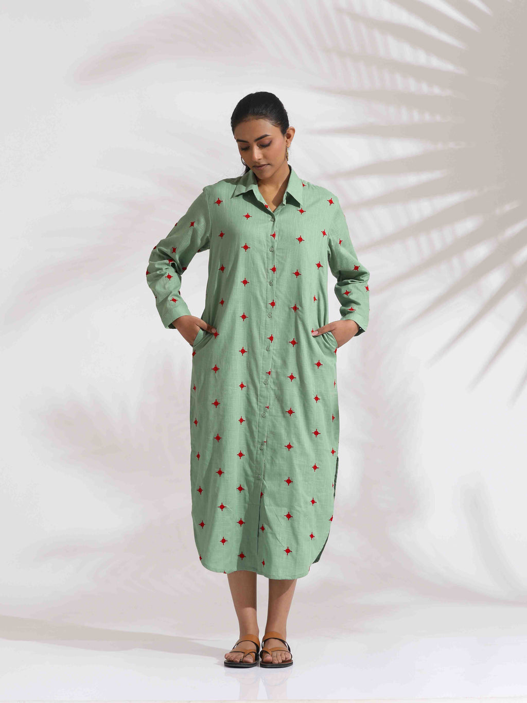 trueBrowns Green Cotton Embroidered Shirt Dress | Grocsy