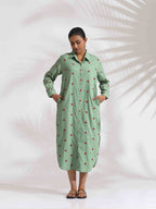 trueBrowns Green Cotton Embroidered Shirt Dress | Grocsy