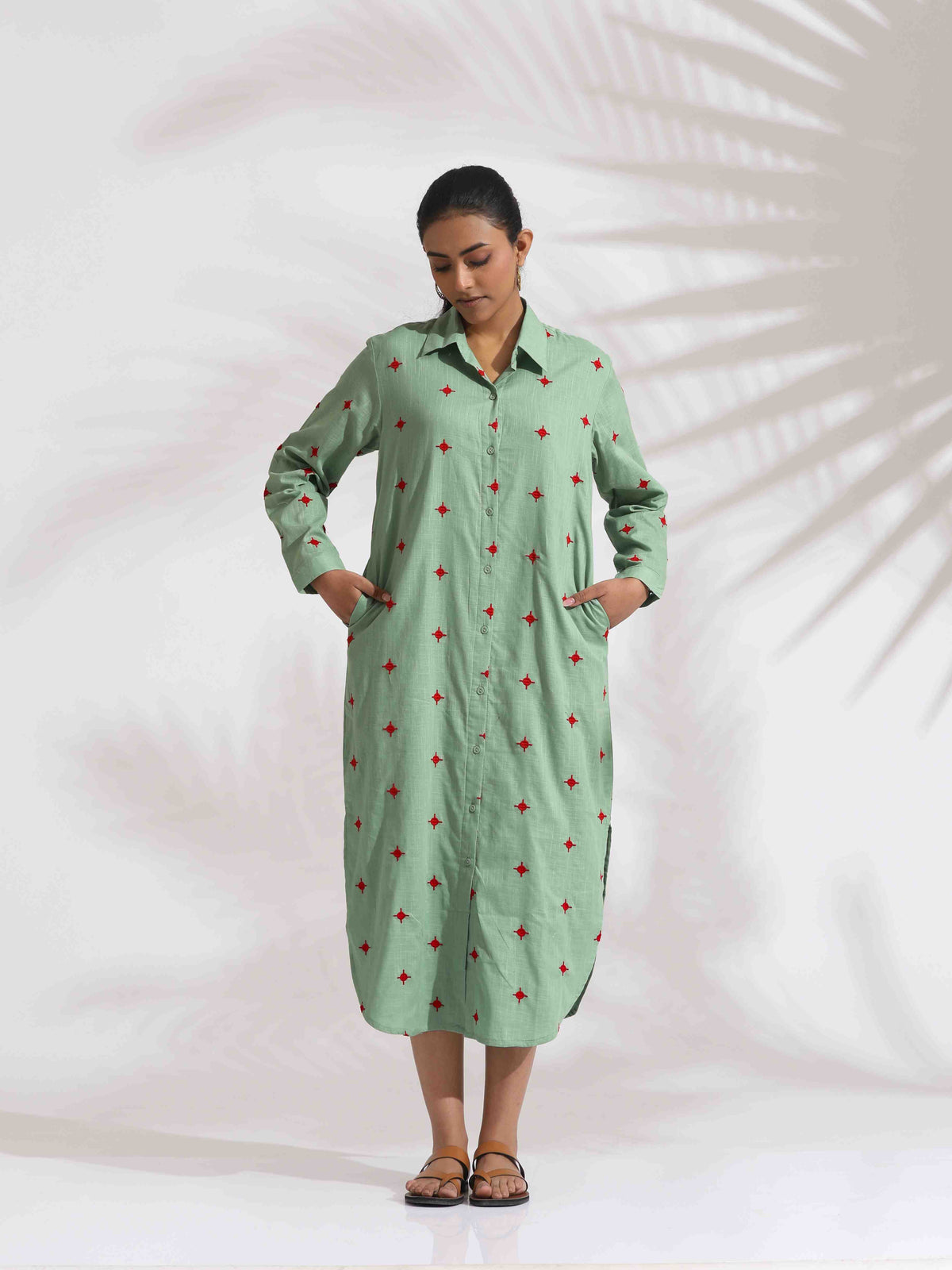 trueBrowns Green Cotton Embroidered Shirt Dress | Grocsy