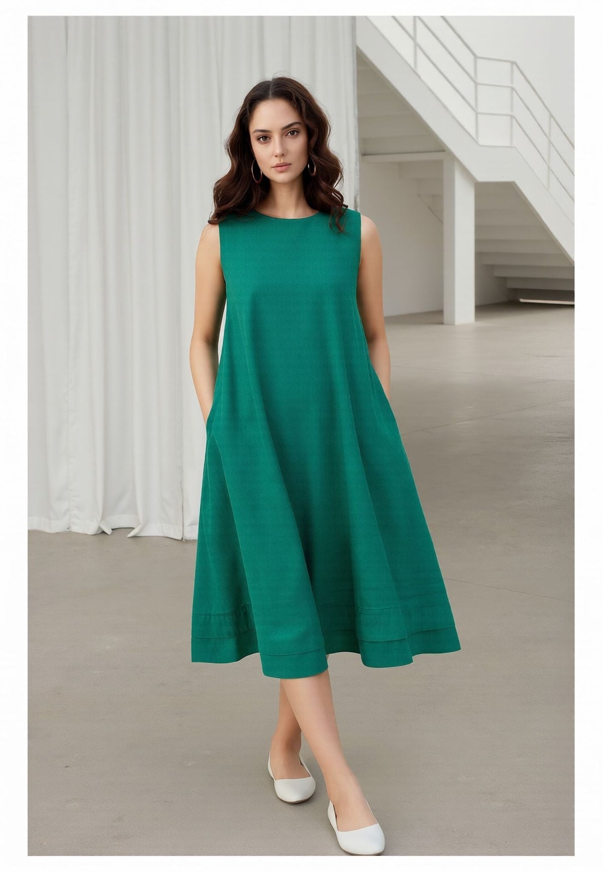Myshka Women Green Linen A-Line Midi Dress with Full Sleeves Shirt | Grocsy