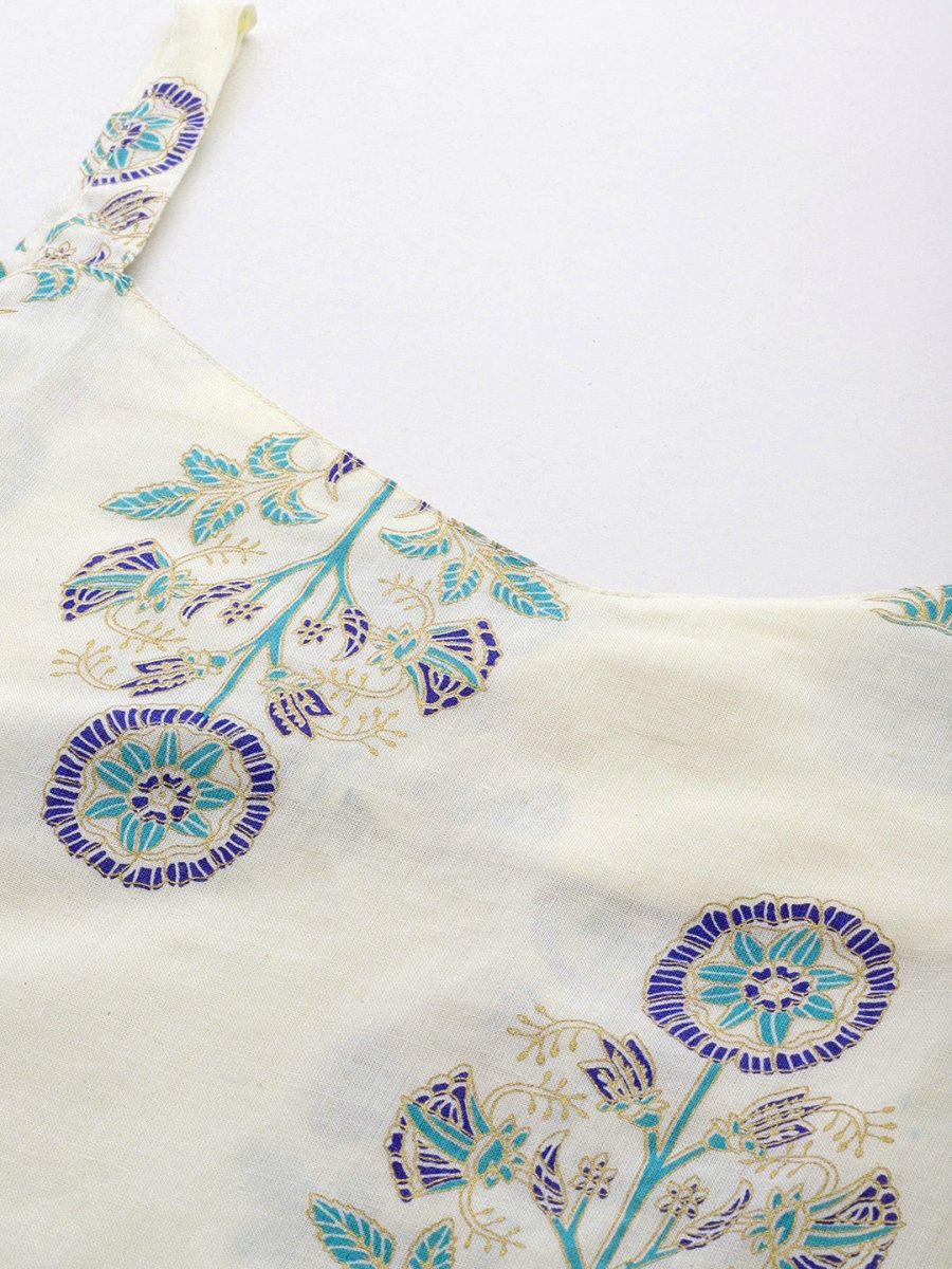 Ahalyaa Floral Printed Regular Pure Cotton Kurta with Trousers & Jacket | Grocsy