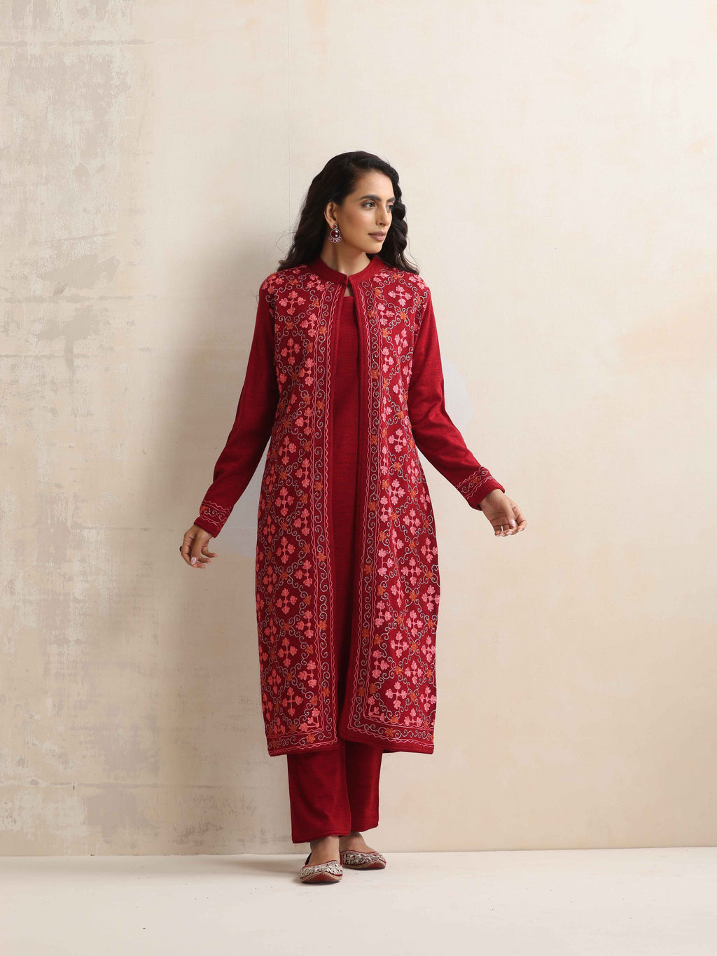 trueBrowns Maroon Kashmiri Woollen Jacket 3pc Set | Grocsy