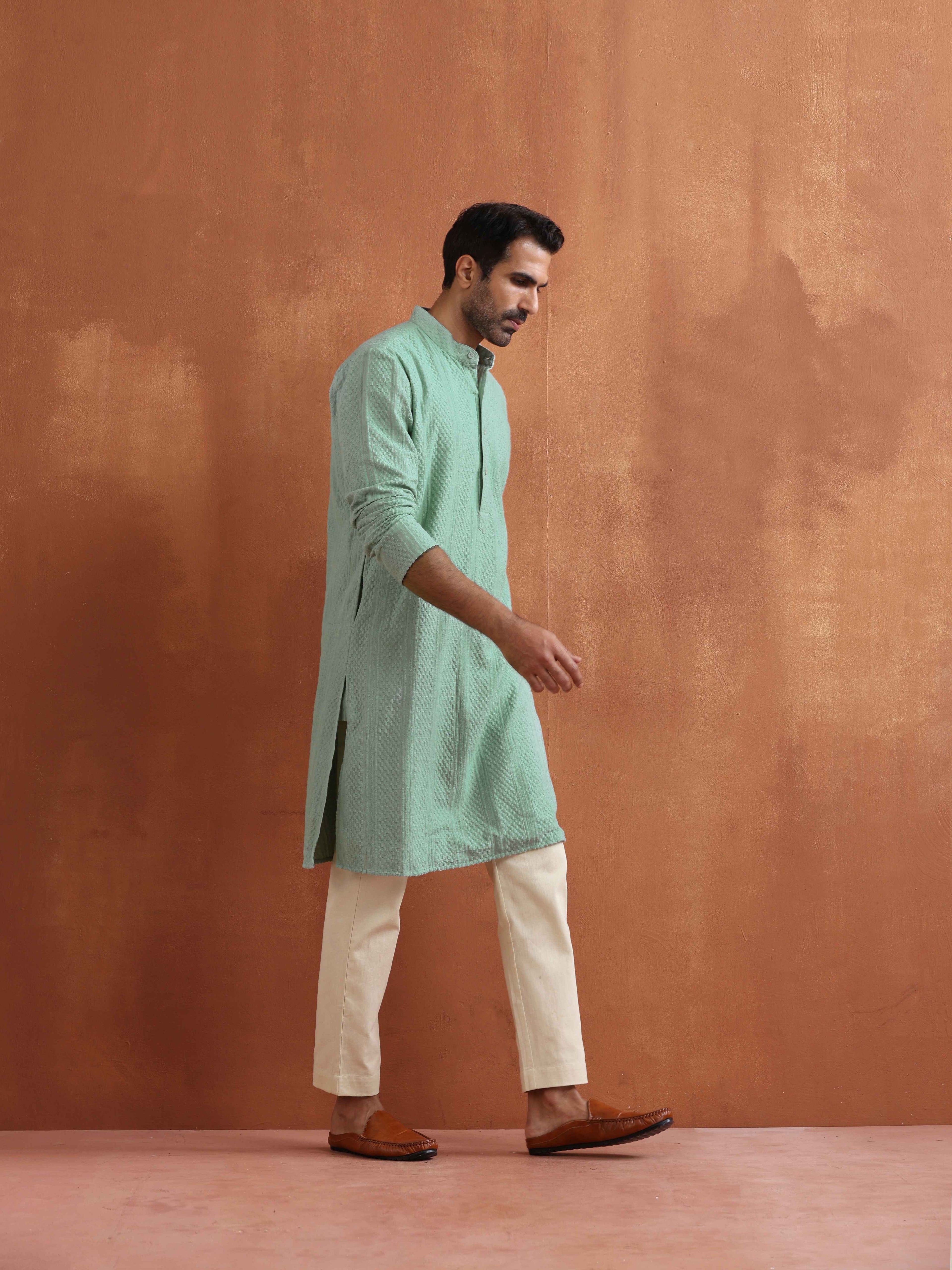 trueBrowns Men's Green Cotton Dobby Kurta | Grocsy