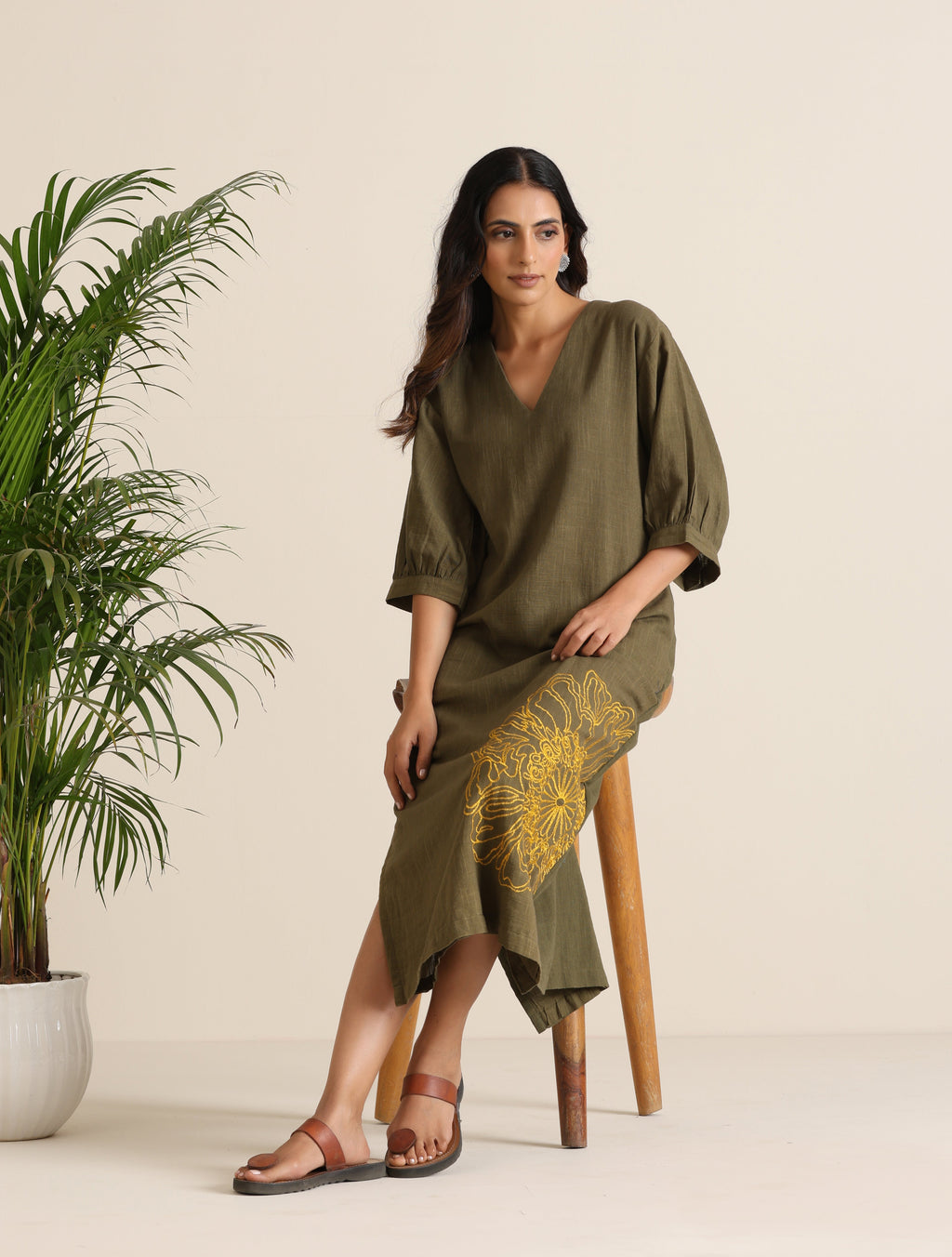 trueBrowns Olive Cotton Embroidered Dress | Grocsy